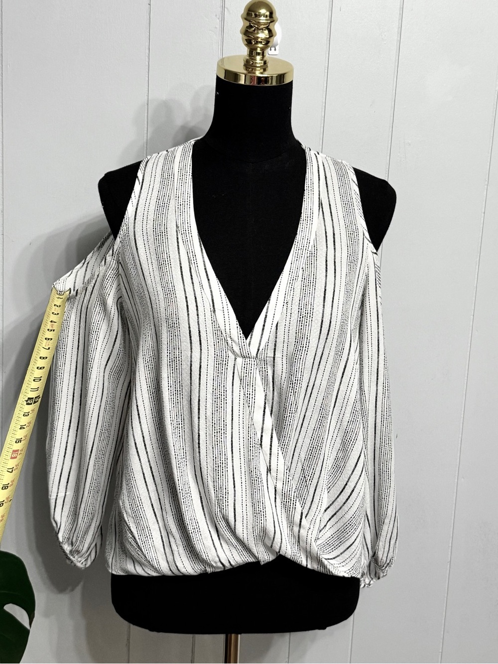 #16) Lush White and Black Striped Cold-Shoulder V-Neck Blouse